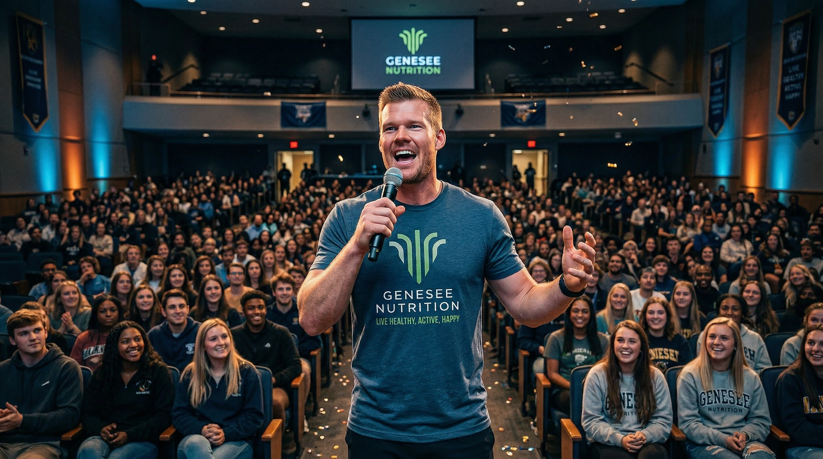 Will Carr speaking live to a packed college auditorium — hundreds of student athletes engaged